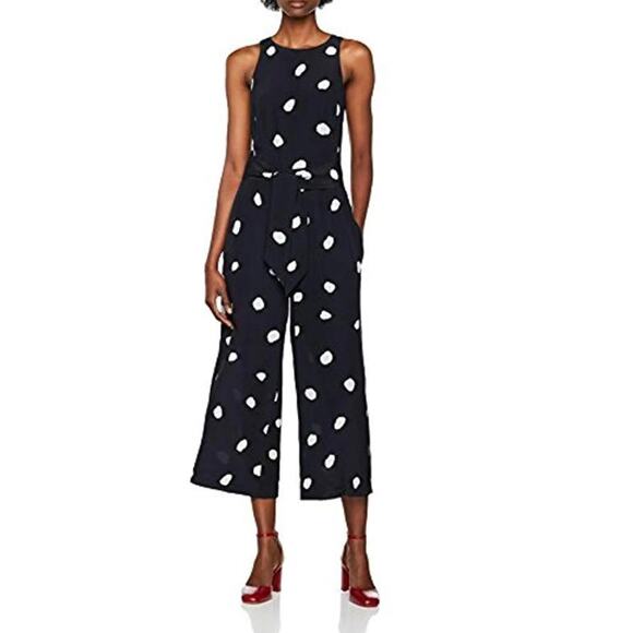 LK BENNETT dark navy blue white polka dot sleeveless 100% silk Ella jumpsuit - Picture 1 of 9